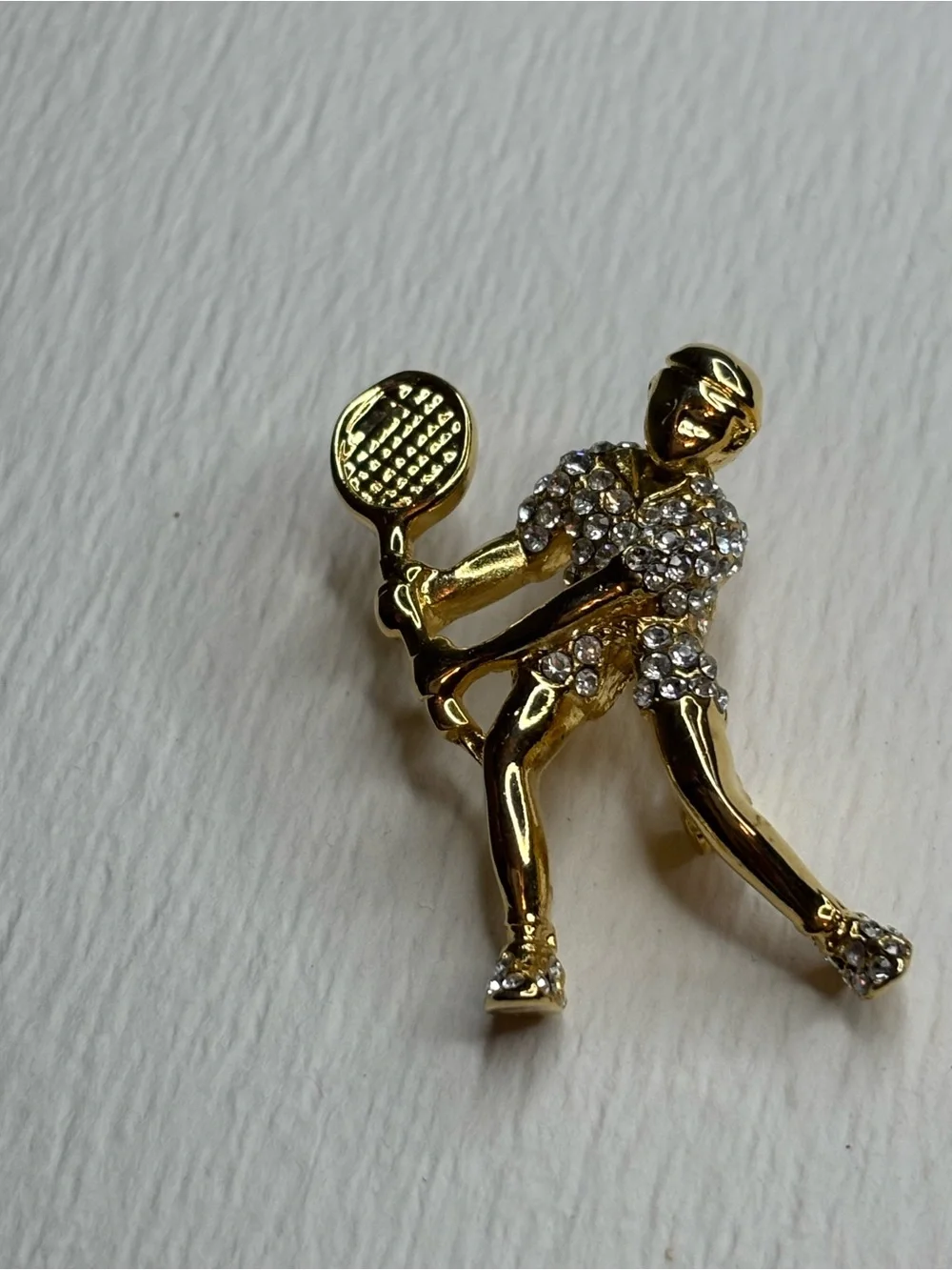 Gold Tone Tennis Player Brooch with Clear Crystal Accents